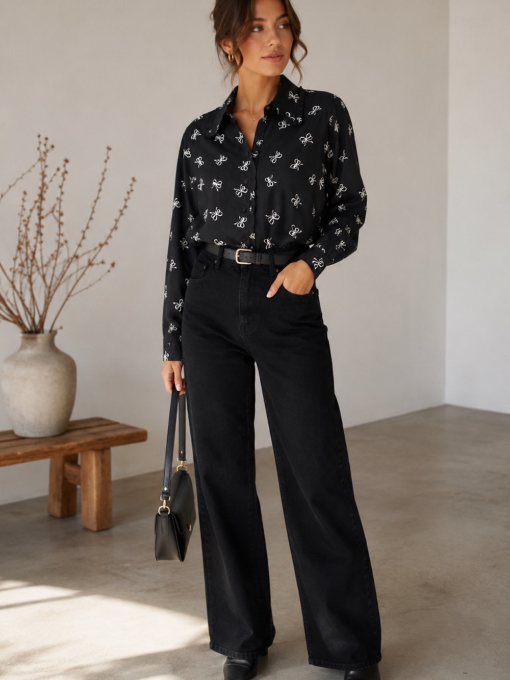 NEW En Saison bow print ruffle trim button up shirt blouse Size L black coquette